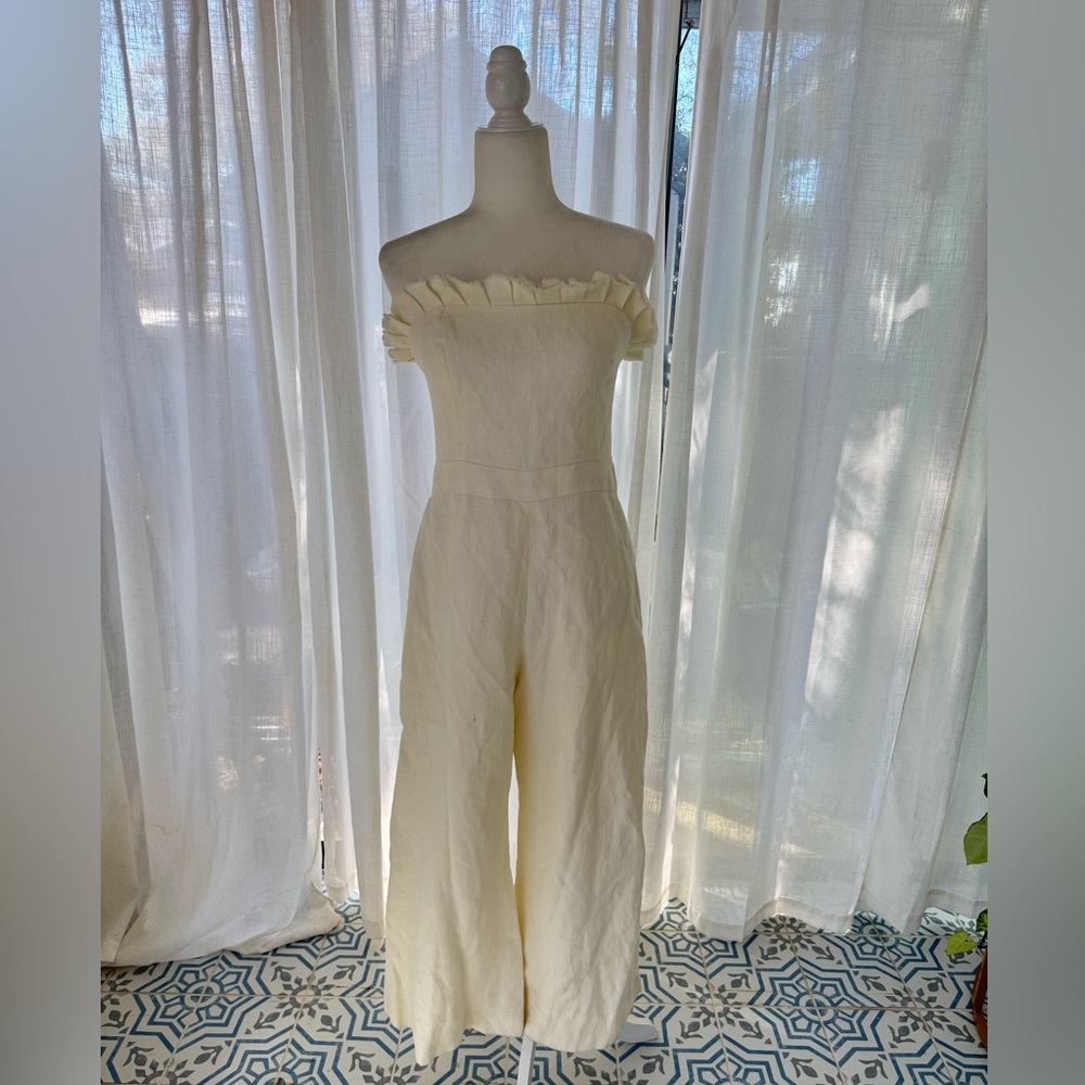 ALEXIS Linen Strapless Wide Leg Jumpsuit Cream Ruffle Top XL (no belt) - Picture 2 of 15